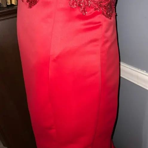 Handmade Red Mermaid Sleeveless Floral Lace Embroidered Beaded Fitted Formal Prom XS