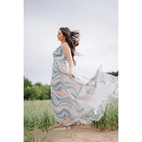 LIV FOSTER Blue Orange Abstract Watercolor Wave Pattern Halter Neck Maxi Size 6