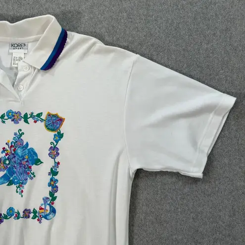 Koret Sport Vintage Short Sleeve Polo Shirt Women's XL Floral Sequins Scallop White