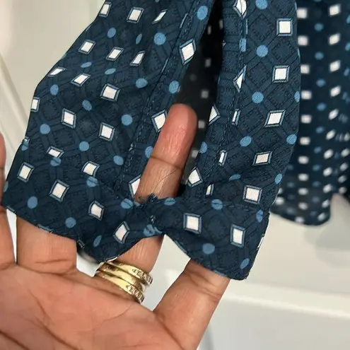Elle button-up blouse navy blue with blue dots & white squares - Size medium