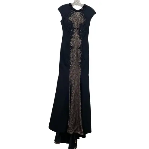 Mac Duggal Evening Black/Nude Lace Open Back High Neck Cap Sleeve Gown