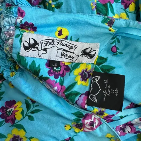 Hell Bunny Vixen Retro Halter Sundress Blue Floral Rockabilly Pin Up 50s Dress L