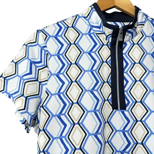 Tail Geo Print Golf Polo Shirt Blue White Tan Zip Neck Stretch M Preppy Sporty Size M