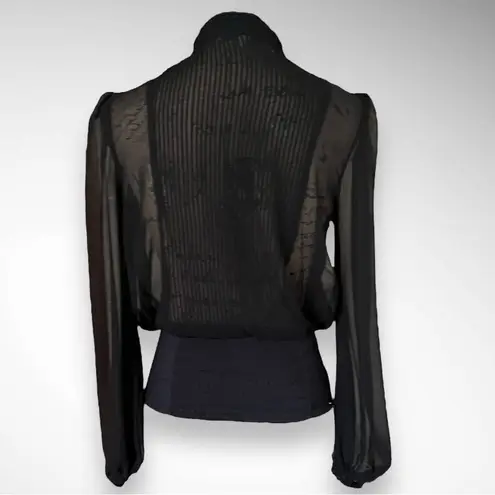 AN'GE Black Long Sleeve Semi Sheer High Neck Blouse W/ Pleated Detailing | EUC