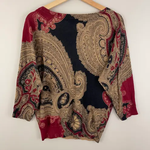 CHAPS Black Tan Red Paisley Boatneck Elbow Length Sleeve Pullover Sweater Top