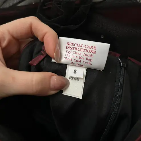 Vintage Red black goth formal prom dress mesh overlays, rhinestones and rosettes Size XXS