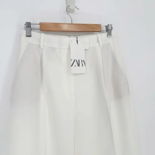 ZARA NEW  Pleated Trouser Pants Wide Leg Full Length Relaxed White Women's M