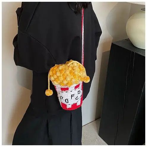 Handmade Crochet Popcorn Bag Knit Shoulder Purse Red White Yellow Unique Gift