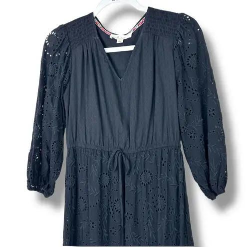 Westbound Nurture by Black V-Neck Eyelet Cotton Tie-Waist Midi Dress Small