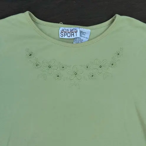 Jaclyn Smith Vintage Pistachio Green Embroidered Floral Cotton T-Shirt