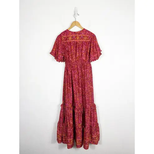 Vintage Tiered Bohemian Red Paisley Maxi Dress Tassel Stretch Silk Blend OS Size M