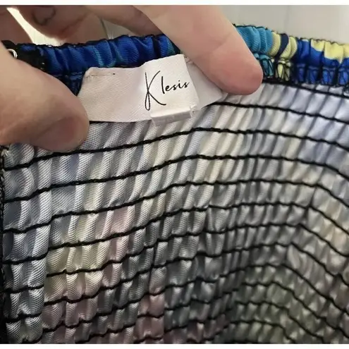 Klesis NEW Satin Floral Print Off Shoulder Cocktail Mini Dress Size Medium Blue