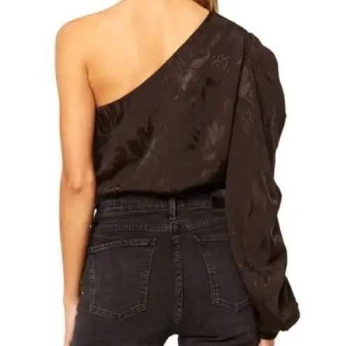 MISA Los Angeles One Shoulder Bodysuit Black Long Sleeve Floral Jacquard Blouse