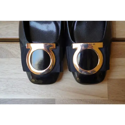 Square Toe Patent Low Block Pump Heels Gold Hardware Cushioned Insole Size 8 250 Black - Image 4