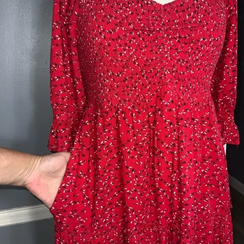 White Birch Red Floral Shirred Sweetheart Square Neck Puff Sleeves Short Dress S