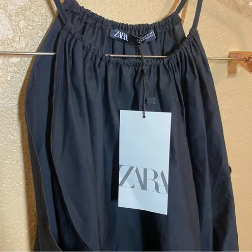 ZARA NWT  Small Black High Neck drawstring waist tank sleeveless work blouse