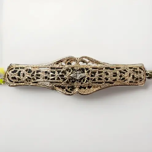 Vintage 12K Gold Filled Filigree Bar Rope Chain Bracelet with Center Diamond