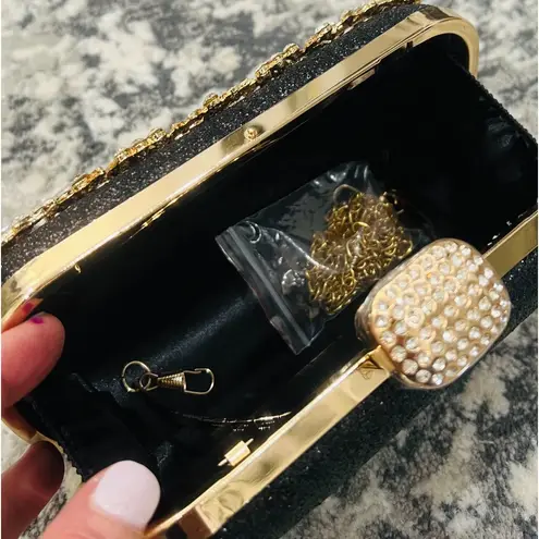 BLACK AND GOLD CRYSTAL DIAMOND EVENING CLUTCH BAG