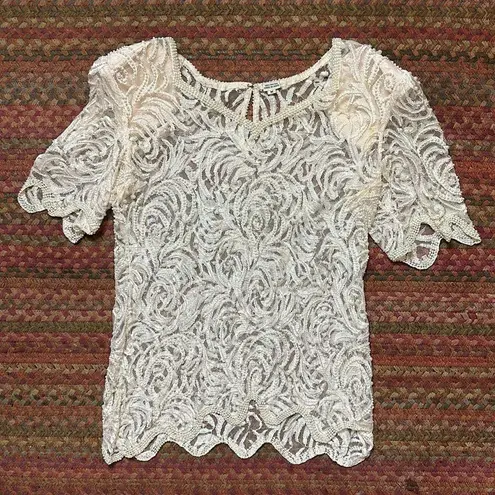 VTG 80s PEARL BEADED LACE SHEER BLOUSE Size M
