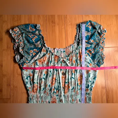 OSTOO Womens Short Sleeve Boho Floral Feminine Tiered Flowy Long Maxi Dress|SZ:M Blue Size M