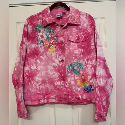 Diane Gilman Pink White Tie-Dye Flowers Butterfly & Palm Tree Medium Jacket 1808