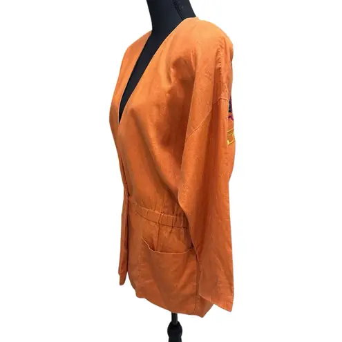 Ellen Tracy Women Size 2 Linen Jacket Orange Embroidered Aztec Tribal Native