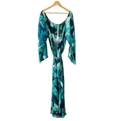 VILLA FRESCA Malia Off The Shoulder Micro Pleated Maxi Dress Blue Size 4X NEW