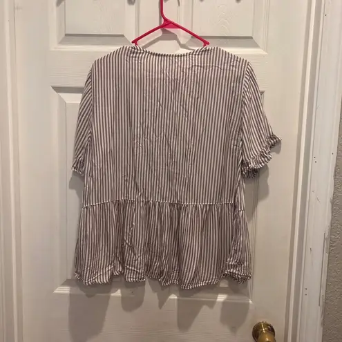 Downeast Women's Brown Striped Peplum Blouse Top Ruffle Short Sleeve Size L