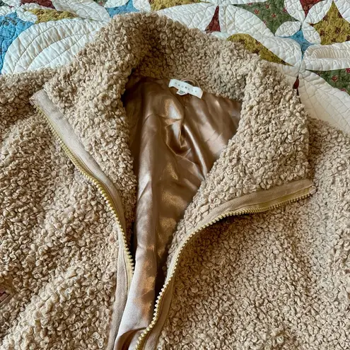 Prómesa Promesa Tan Sherpa Teddy Bomber Jacket Size M Cozy Striped Cuff Teddy Coat