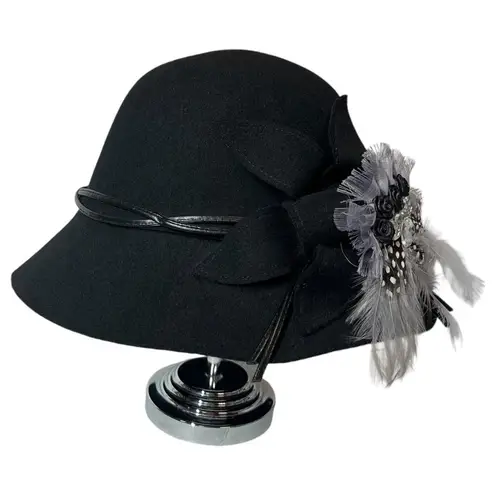 Something Special Cloche Bucket Hat Womens 100% Wool Felt Flower Feathers Black