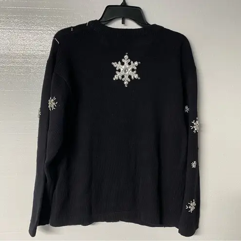 Vintage Bobbie Brooks Sweater XL Black Snowflake Embroidered Beaded Ramie Blend