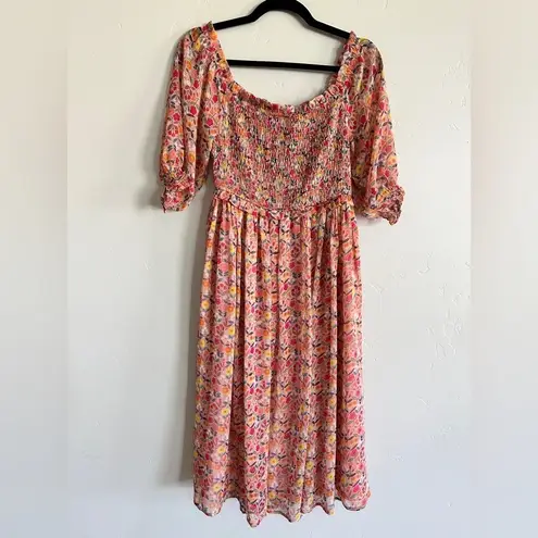 Lili Sidonio woven midi dress ice cream pink floral off the shoulder Large NWT