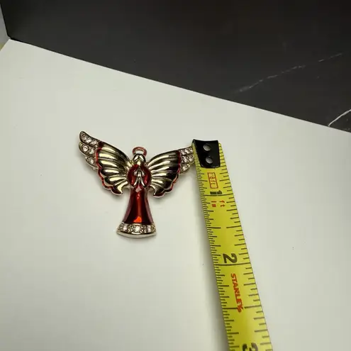 Monet Winged Angel Red Enamel Rhinestone Brooch Pin Gold Tone Signed