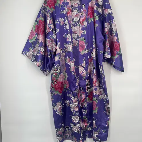 Vintage Jugemm Kimono Robe Woman Grecia Made Japan Purple Peacock Satin Oriental Size undefined