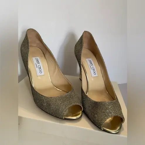 Jimmy Choo Gold Glitter Baxen Peep Toe Wedge Pumps (9)