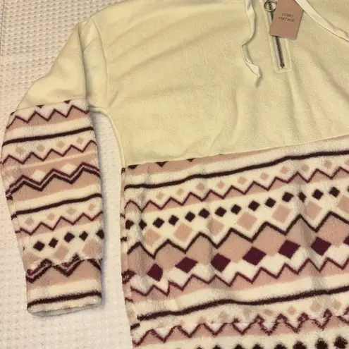 Como vintage NEW! Fleece Hoodie Sweatshirt Size M Ivory Pink Purple Geometric