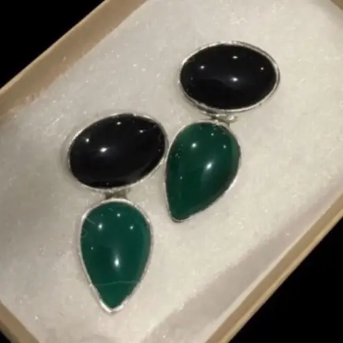 Onyx TAXCO Vintage Southwest Black Green Agate Sterling Silver Drop Earrings