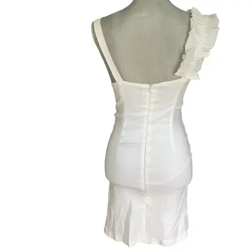 Short taffeta white satin stretch dress rushed shoulder rosettes sheath size M Size M
