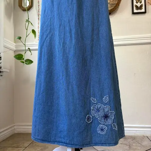 Robbie Bee Vtg 90s Maxi Denim Floral Embroidery Grannycore Cottage Dress Sz 10