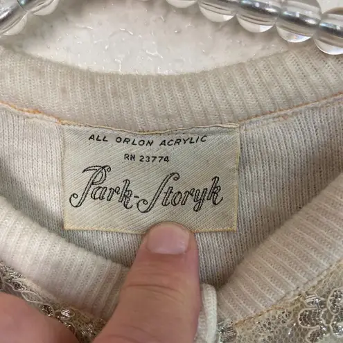 Vintage Park Storyk 1950's Orlon Acrylic Cardigan Knit Sweater Metallic Lace Ove Silver