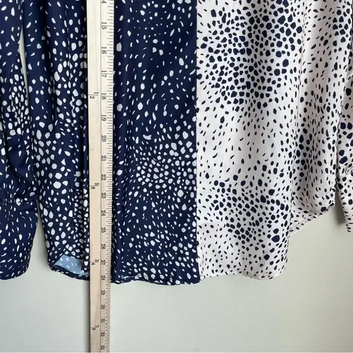 Lysse Spotted Animal Print Long Sleeve Navy Cream Blouse Keyhole Neck Size Small