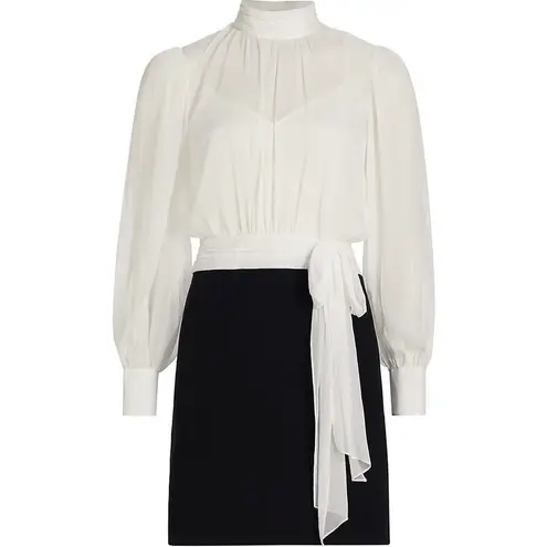 Cinq à Sept $495  Holiday Elena White Black Sheer Blouson Mini Dress Sz 2 NEW‎