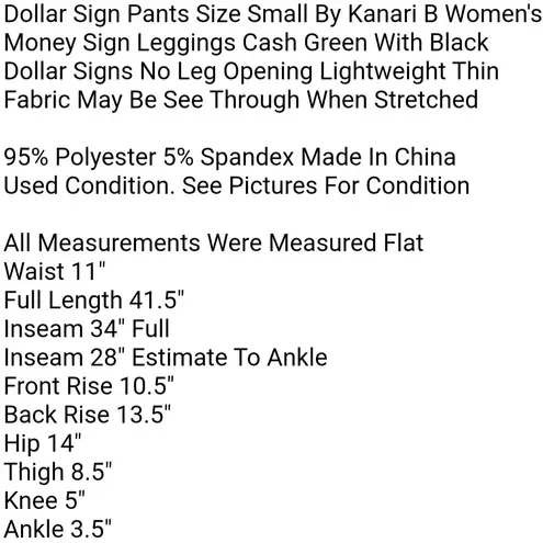 Kanari B. Dollar Sign Pants Size Small By Women's Money Sign Leggings Cash Green With Black Dollar Signs Printed Money Sign Print