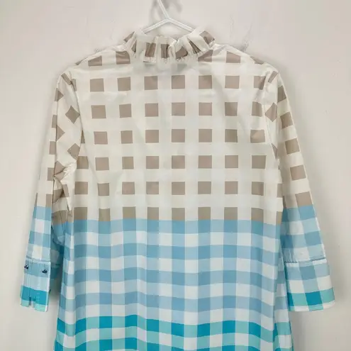 Ming Wang Gingham Ruffle Collar Top Blouse Relaxed Cotton Blue Popover XXS NWT