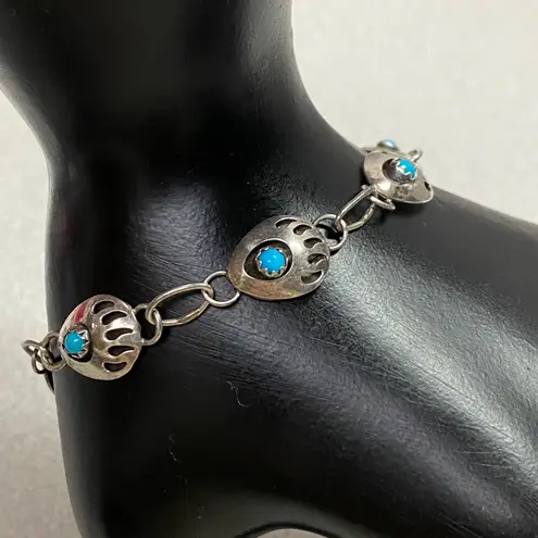 Artisan Native American Sterling Silver Turquoise Bear Paw Link Bracelet