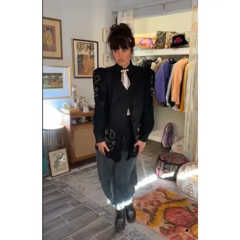 Vintage 1980s Davinci 100% Linen Embellished Short Sleeve Black Jacket Size 14