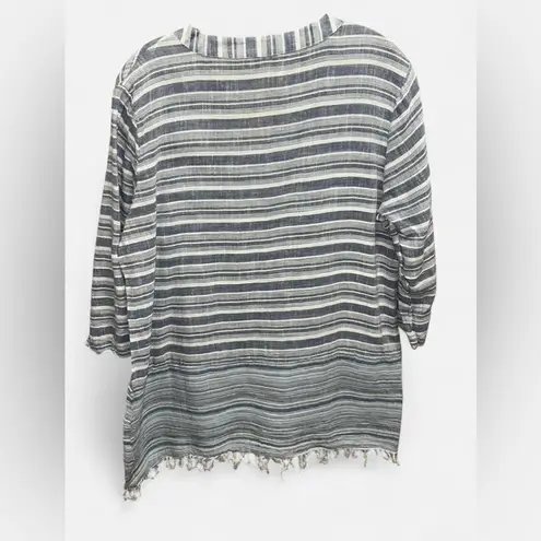 Charlie Paige Blue White Striped V-Neck Tunic Top Fringe Hem Size L