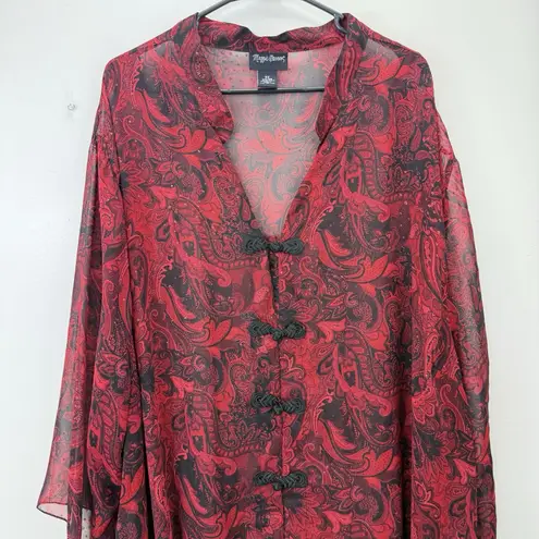 Maggie Barnes Red Black Paisley Glitter Sheer 3/4 Sleeve Button Blouse Size 5X
