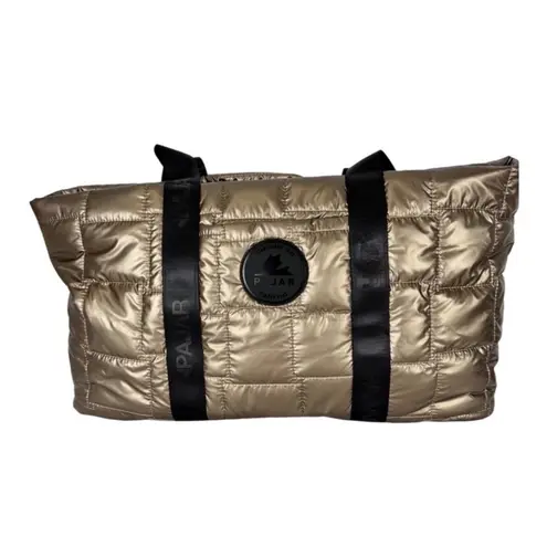 Pajar Tuios Quilted Puffer Tote Bag Gold Metallic Nylon Zipper Top Shoulder Bag