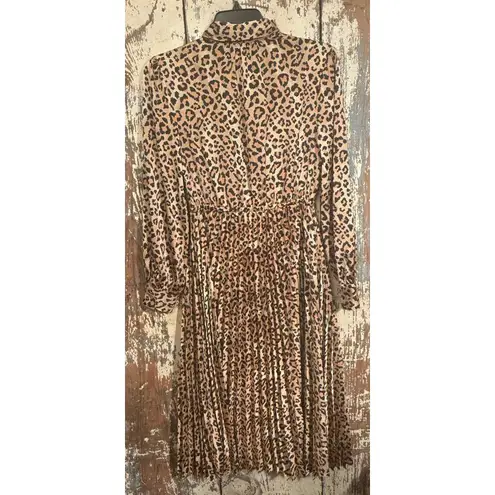 On 34th Leopard Print Pleated Long Sleeve Midi Dress, size XXS Tan